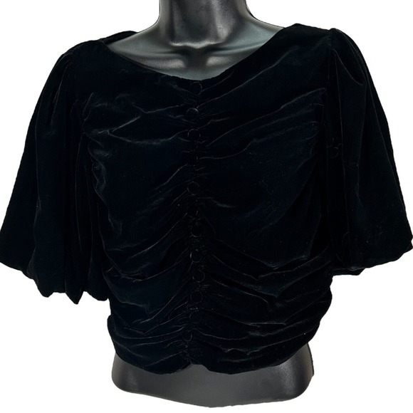 Zara Tops - Zara Black Velvet Ruched Button Cropped Top Blouse Puffy Sleeve Side Zip Soft